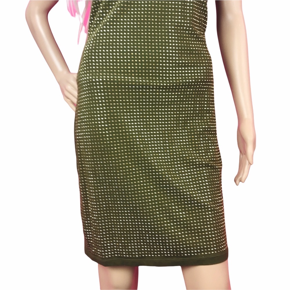 Jennifer‎ Lopez Army green Gold Crystal Stud Embellished Mini Dress Small - Picture 3 of 6